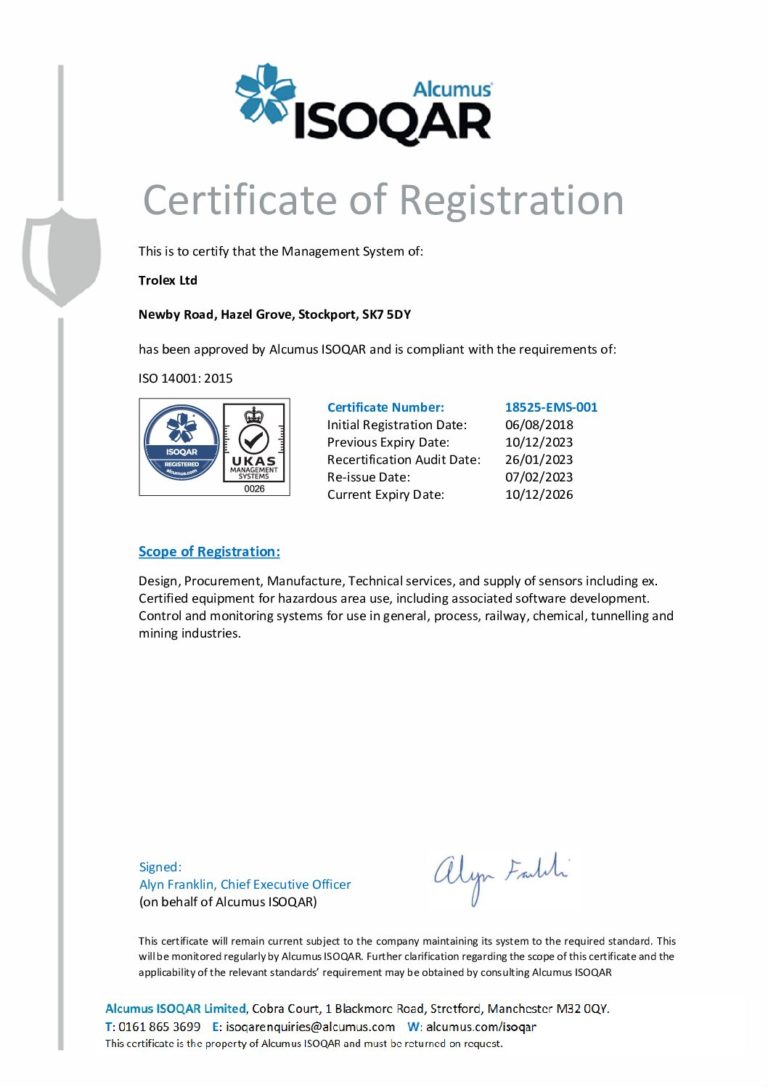 Alcumus ISOQAR Certificate of Registration – ISO 14001 – Trolex